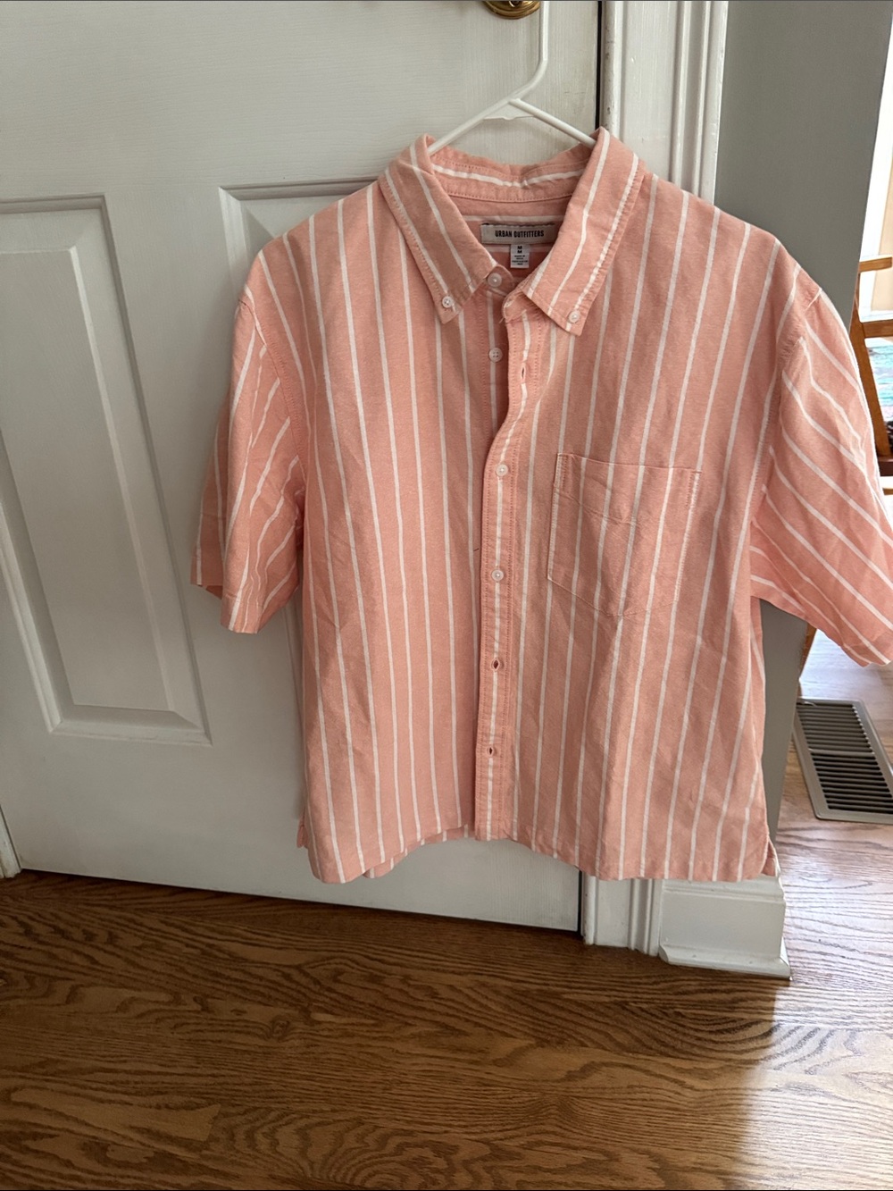 Urban Outfitters Pink-Stripe Short Sleeve Button-Down Shirt